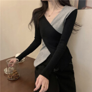 谷蒂思（GUDISI） 黑色v领交叉针织衫女毛衣内搭修身上衣春季2024年 黑灰色 M