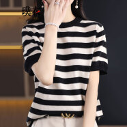 璞衣2024夏装 女韩版拼色条纹短袖T恤衫洋气圆领针织上衣1630 黑色 均码(建议95-140斤)