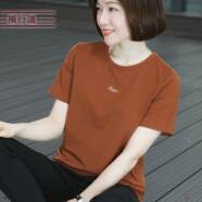 横行道短袖t恤女装2024夏季新款纯色字母刺绣宽松体恤圆领上衣半袖 焦糖色 XL