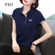 PHJ 短袖T恤女夏季新款中年女士休闲polo衫洋气百搭减龄翻领上衣 藏青色 2XL