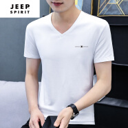吉普（JEEP）夏季男士短袖t恤纯棉休闲百搭薄款半袖上衣服v鸡心领青潮流 D1018白色 M