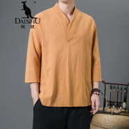 袋鼠（DAISHU）中国风棉麻七分袖t恤男夏季男士休闲纯色V领亚麻体恤 姜黄色 L