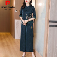 皮尔卡丹（pierre cardin）官方品牌旗舰女装夏天套装香云纱真丝两件成套搭配装时尚阔腿裤衬 绿色 XL