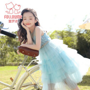 富罗迷女童连衣裙儿童夏装公主裙新款洋气韩版小女孩蛋糕裙 蓝色 120