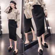 唐努乌（Tang Nu wu）针织半身裙包臀一步裙女中长款百搭修身显瘦薄毛线长裙 黑色60CM S
