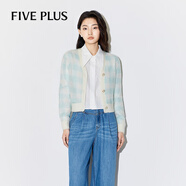 FivePlus羊毛针织衫女2024春季新款女装毛衣含马海毛V领格子短开衫 浅绿 M