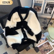 EDUX慵懒毛绒绒条纹拼色针织毛衣上衣女V领软糯中长款开衫 黑色 S 建议70-90斤