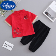 迪士尼（Disney）儿童短袖套装男童夏装女宝宝12345岁夏季衣服2024唐装潮 梅花套装红色 130cm