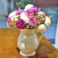 墨菲 北欧田园花艺套装陶瓷花瓶美式乡村创意客厅现代简约装饰品摆件 经典白 奶白紫牡丹套装