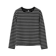 假日概念棉条纹长袖t恤女修身2025早春新款圆领内搭棉横条打底衫上衣 黑底白条 L