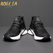 伯格利亚（BOGLIA）品牌网面休闲鞋男秋季高端飞织软底新款运动增高跑步鞋 增高黑色 37
