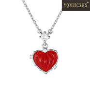 YQMHCXKS 爱心镶钻项链女925银简约时尚轻奢红玛瑙桃心形锁骨链 白金色 925银