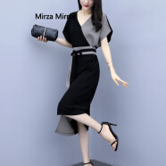 Mirza Mirror2020夏季新款流行冷淡风职业裙子大码收腰显瘦气质雪纺开叉连衣裙女过膝长裙潮 短袖 M