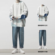 良茨胖子大码白色假两件卫衣男小众设计感潮牌高级感长袖T恤大码外套 （两件套）白卫衣+牛仔裤 L 110-130斤