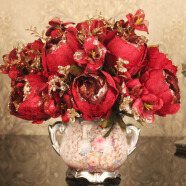 欧城 仿真花束复古牡丹花假花绢花客厅摆设仿真花卉餐桌花美式仿真花 圆形红色加花瓶