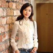 匹卡特（PIKATE）秋季韩版修身荷叶边翻领职业长袖衬衫女士衬衣时尚百搭雪纺衫女装 白色加绒 S
