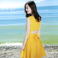 西子美丽心情夏季新品女装黄色短裙子无袖雪纺连衣裙波西米亚沙滩裙海边度假裙 黄色 XZ17C793 S