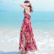 夏季新款吊带露背雪纺连衣裙波西米亚长裙海边度假显瘦沙滩裙 图片色 SLD0878 XL