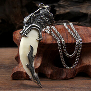 925银吊坠项链狼牙吊坠真藏獒牙黑狗牙齿镶嵌银狼牙配饰个性霸气男女士饰品节日生日送男友礼物礼品 复古带牙齿整套