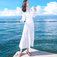 西子美丽心情春装新款女泰国海边度假沙滩裙白色长袖连衣裙波西米亚长裙子 图片色AQ17A686 M