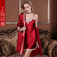 上海故事睡衣女夏季睡裙女士吊带性感家居服冰丝睡袍连衣裙两件套 红色 L（120斤以下）两件套
