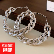 真金电镀日韩几何圆圈耳环气质简约百搭耳圈新款时尚通勤耳饰批发 银针-银色-链条