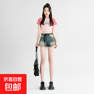 牛仔短裤女夏季2025年新款薄款高腰宽松印花a字复古阔腿毛边热裤 怀旧蓝 S 码 建议89-98斤