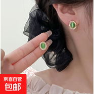 法式复古绿色耳钉女赫本风港风珍珠耳环无耳洞耳夹耳饰 绿色猫眼珠珠耳钉-925银针 无规格
