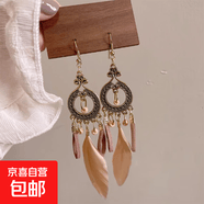 超仙流苏异域风情民族风仙气羽毛耳环复古波西耳环坠出游拍照耳饰 卡其 耳钩款