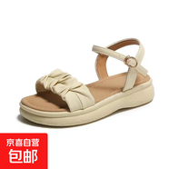 凉鞋女款2026夏季新款一字带平底凉鞋女外穿沙滩罗马凉鞋女 米黄色 40