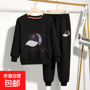 胖男童卫衣套装9男孩秋装大童男装8宽松运动两件套上衣长裤打底衫 潮帽黑卫衣+黑长裤 110 cm(建议25-35斤)