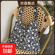 韩系复古碎花法式腰果花时尚慵懒单肩棉布包 黑白小碎花/ 均码