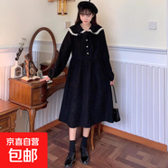 2026新甜美法式灯芯绒收腰显瘦蝴蝶结新年新春红长袖连衣裙学院风 黑色 L