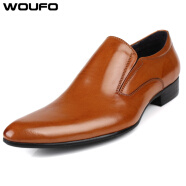 WOUFO 商务正装皮鞋 英伦尖头男鞋子透气英伦休闲鞋头层牛皮德比鞋潮流 一脚套套脚皮鞋黄棕色111-51 39