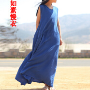 如素慢衣女装文艺复古中式民族风连衣裙收腰背心长袍11753 蓝色 均码