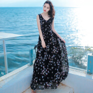 西子美丽心情夏季女装V领裙子无袖雪纺连衣裙长裙波西米亚海边度假沙滩裙 黑色XZ16A246 M