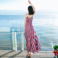 西子美丽心情连衣裙夏季女装修身无袖红色条纹雪纺吊带长裙海边度假沙滩裙 图片色XZ17A593 M