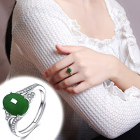 和田玉碧玉S925纯银镶嵌绿宝石开口女戒指环蛋面翡翠玉色 和田玉碧玉S925纯银镶嵌绿宝石开口女戒指环蛋面翡翠玉色