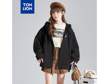 唐狮（TonLion）2023针织外套女休闲卫衣开衫连帽上衣 加绒款/黑色 L 