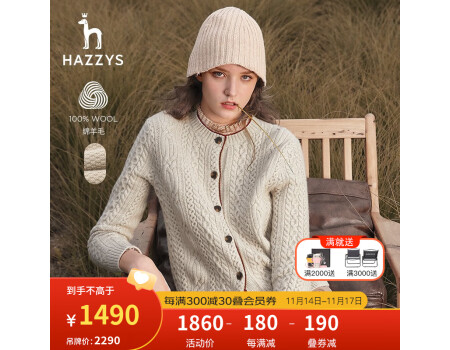 哈吉斯（HAZZYS）女装 春秋款圆领绞花针织开衫ABYSD12DX11 米色BI 165/88A 40