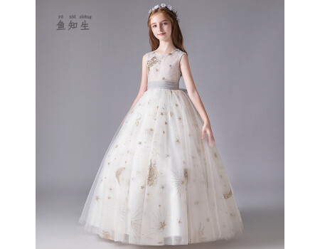 鱼知生（YUZHISHENG）儿童礼服公主裙女童花童婚纱蓬蓬裙钢琴演出服主持人服装长款 白色 160cm