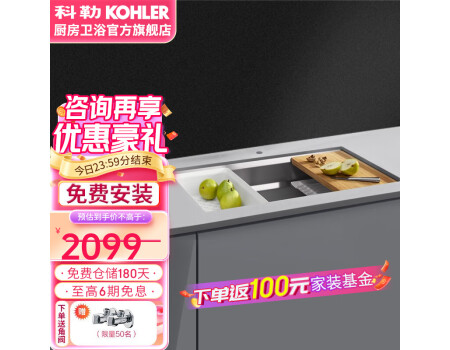 科勒（KOHLER）厨房304不锈钢水槽多功能手工单槽厨盆台下洗菜盆23651T 多功能单槽（不含龙头）