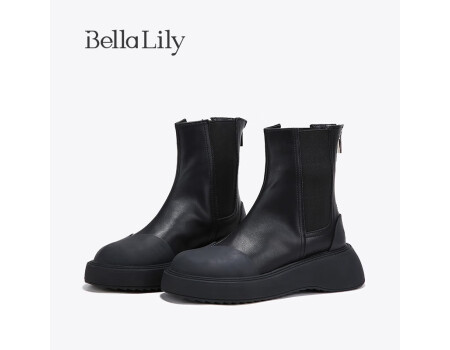 Bella Lily厚底切尔西靴女士中筒黑色牛皮2023新款靴子后拉链瘦瘦靴真皮复古 黑色 37
