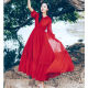 索宛亦（SUOWANYI） 茶卡盐湖旅拍长裙新款仙女红色雪纺连衣裙连帽度假沙滩裙大摆长 红色加长款 建议身高160以上穿 XL120-135斤