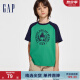 Gap男童2024春季新款纯棉logo撞色插肩袖短袖T恤儿童装上衣890474 蓝绿拼色 150cm(L)亚洲尺码