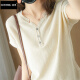 GOOMIL LEE针织短袖T恤女夏季新款韩版v领休闲薄款打底衫女 米色 L