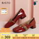 百思图（BASTO）24春季商场新款法式玛丽珍鞋红色小皮鞋粗跟女单鞋RD291AQ4 桔红 36