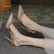 鞋柜（shoebox）达芙妮集团旗下铆钉法式包头凉鞋高跟2024夏季新款一字扣尖头细跟 裸色7CM 37