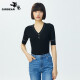 哥弟【GD】3D无缝一线成衣 明线设计V领短袖针织T恤衫女1399551 黑 M(3码)