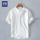 罗蒙亚麻短袖T恤男士套头夏季亨利领中国风文艺棉麻布体恤衫白色薄款 3306白色T恤 L码
